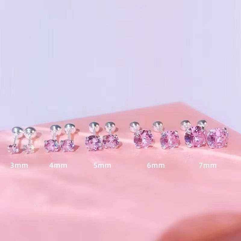 Pink-round-zircon-3mm-4mm-5mm-6mm-7mm.jpg S925 Silver Earrings piercing Pink Round Zircon - Image 1