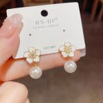 Korean Sunflower Pearl Earrings - Image 2