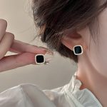 Diamond-Studded Black Square Earrings for Women