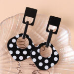 Black & White Polka Dot Geometric Rhombus Acrylic Earrings - Image 4